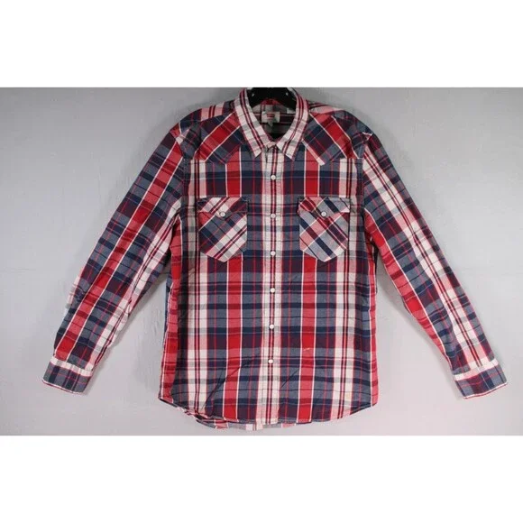 Levi's Western Plaid Snap Button Shirt Men's Large Red Blue White Cotton L