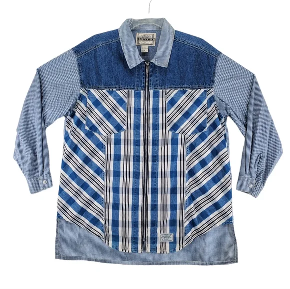 Vtg Levis Shirt Mens M Blue White Plaid Check 3/4 Sleeves Full Zip
