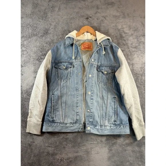 Levis Mens Hybrid Hoodie Trucker Jacket Medium Light Wash Blue Denim Grey Hood
