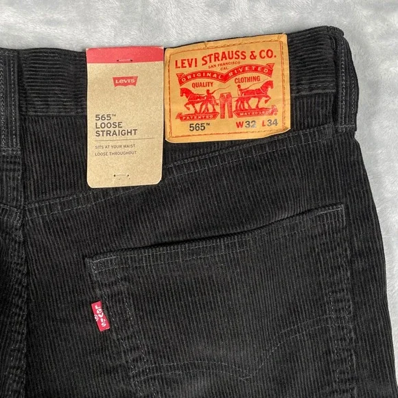 Levis 565 Loose Straight Black Corduroy Pants Mens W32 L34 NWT