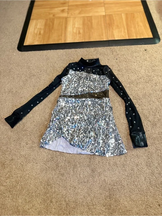 Weissman Silver Sequin Dance Dress with Black Mesh Sleeves