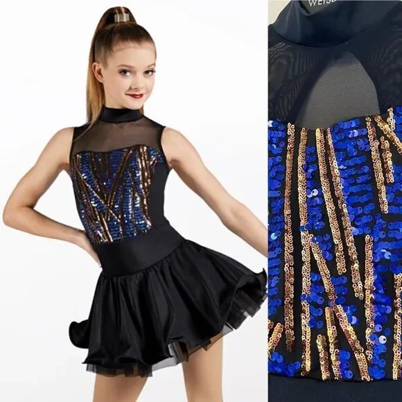 Weissman Dance costume dress black blue sequin Check Me Out 12418 child LC