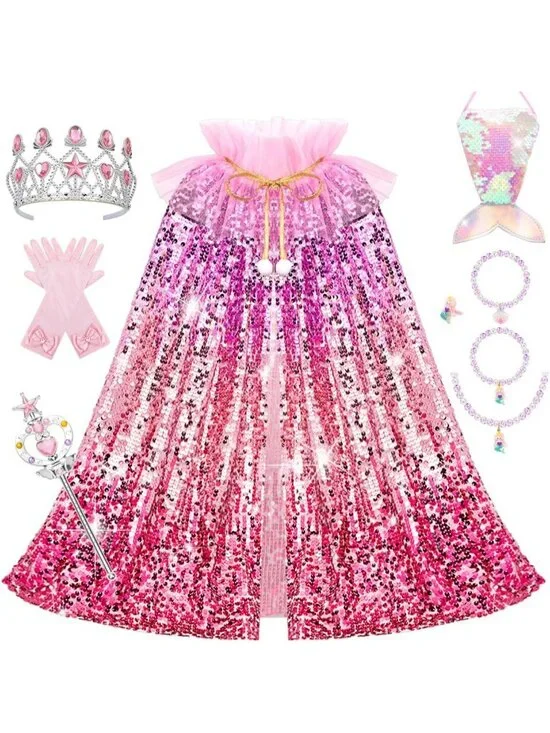 Mermaid Princess Dress Up Cape with Crown Costume Set for Girls Ages 3-8- Red