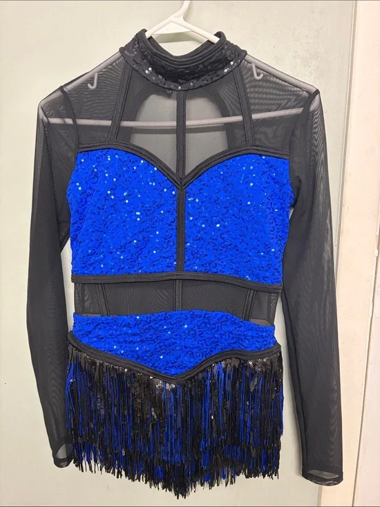 Weissman Royal Blue and Black Sequin Dance Costume with Fringe