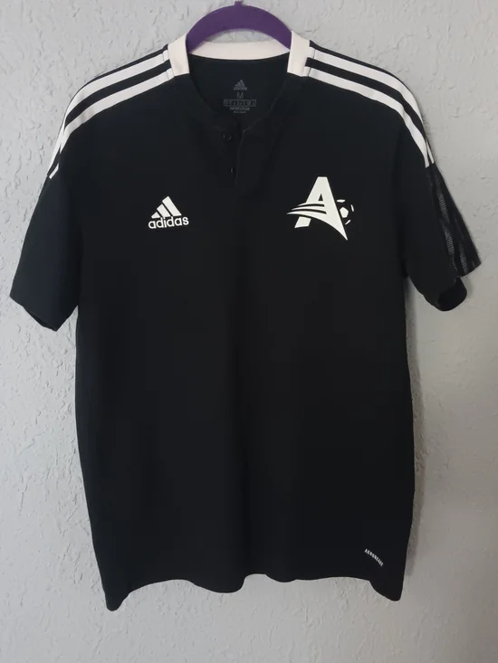 adidas Men’s Black Polo with White Logos and Shoulder Stripes