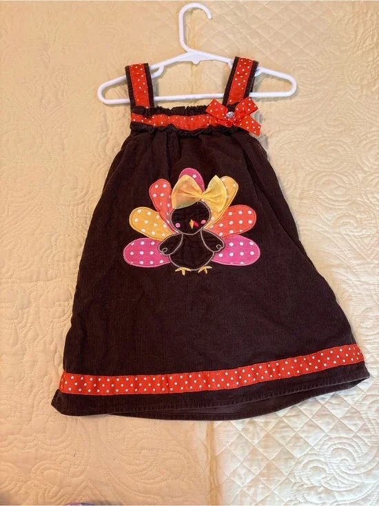 Girls Brown Turkey Appliqué Dress with Pink & Orange Accents
