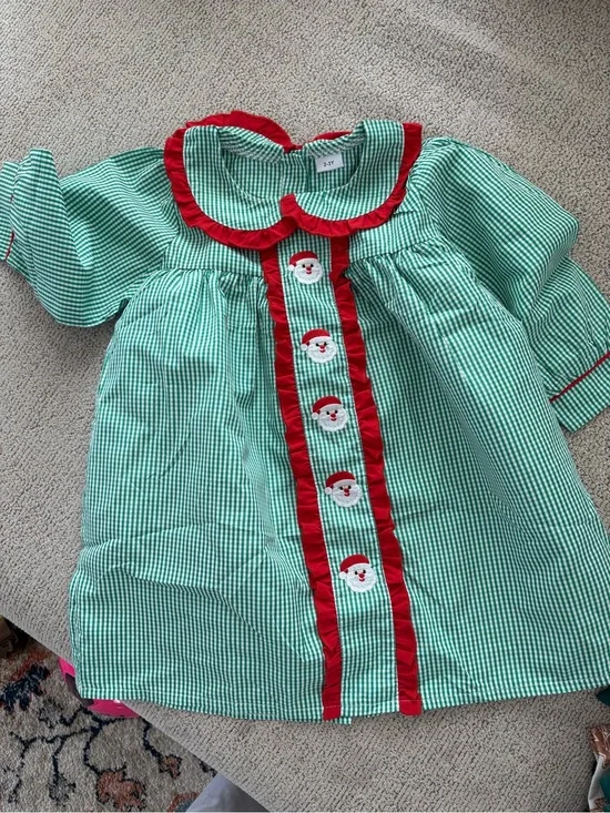 Green Gingham Girls Holiday Dress with Red Trim
