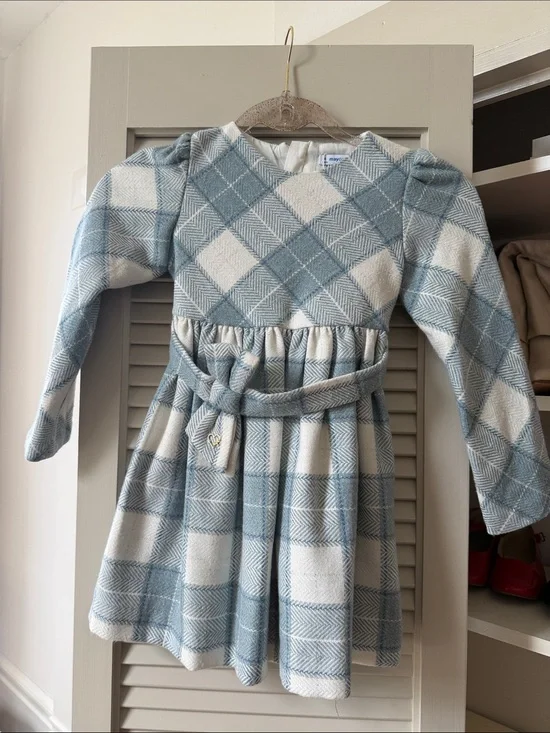 Mayoral Blue and White Plaid Long-Sleeve Dress with Belt