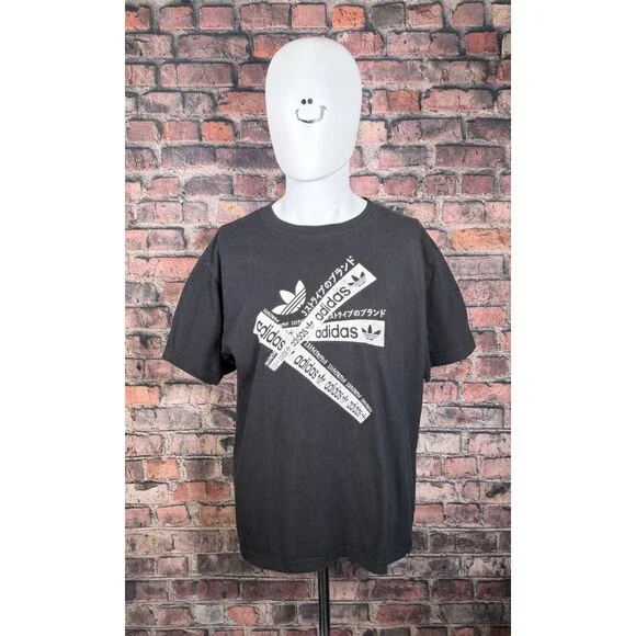 Adidas Shirt Men Black Short Sleeve Japanese Spellout Trefoil Tee- Large