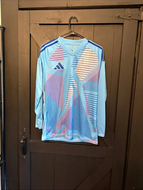 adidas Light Blue Long Sleeve Graphic Jersey with Pink Accents