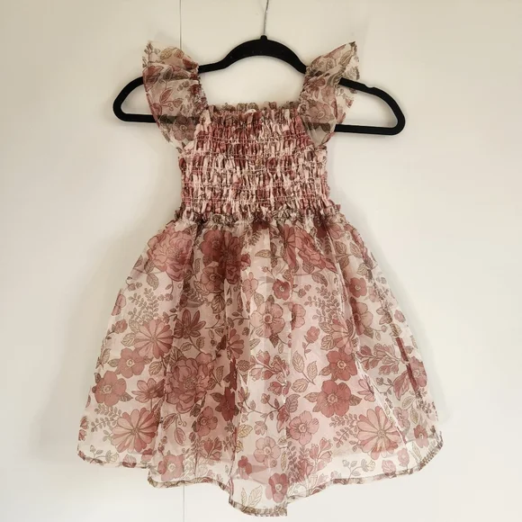 Kensie Girl Floral Smocked Dress Ruffle Sleeve Pink Size 4