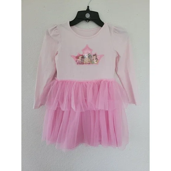 Disney Princess Girls Pink Tulle Tutu Dress Long Sleeve Crown‎ Graphic 5-6 #7