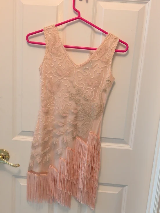 Beaded Fringe Flapper Dress in Blush Pink