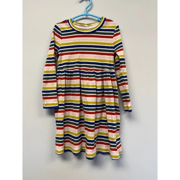 Hanna Andersson Kids Girls Multi Color Striped Rib Knit Long Sleeve Dress Size 4