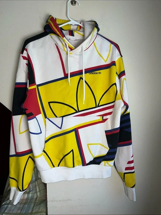 adidas Multi-Color Trefoil Graphic Hoodie - White, Yellow, Red, Navy 20” P2P
