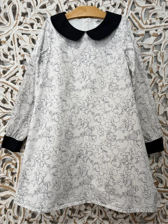 Disney White Peter Pan Collar Dress with Black Trim Mickey and Minnie Outlines.