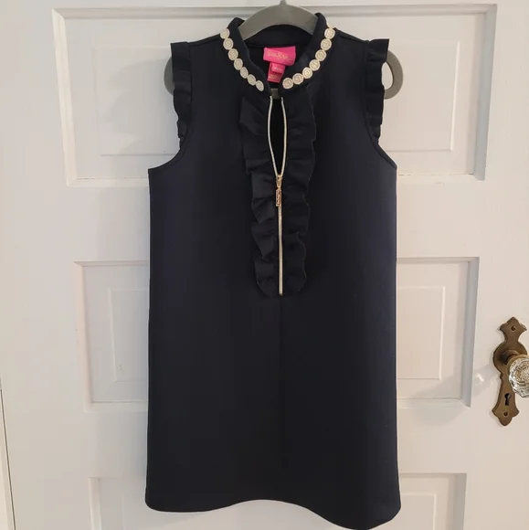 Lilly Pulitzer Navy Sleeveless Ruffle Dress with Gold Zip and Pearl Trim