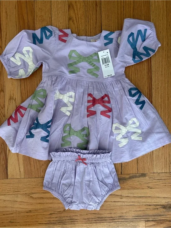 NWT Pink Chicken Lilac Bow Appliqué Baby Dress & Bloomers - Purple Multicolor