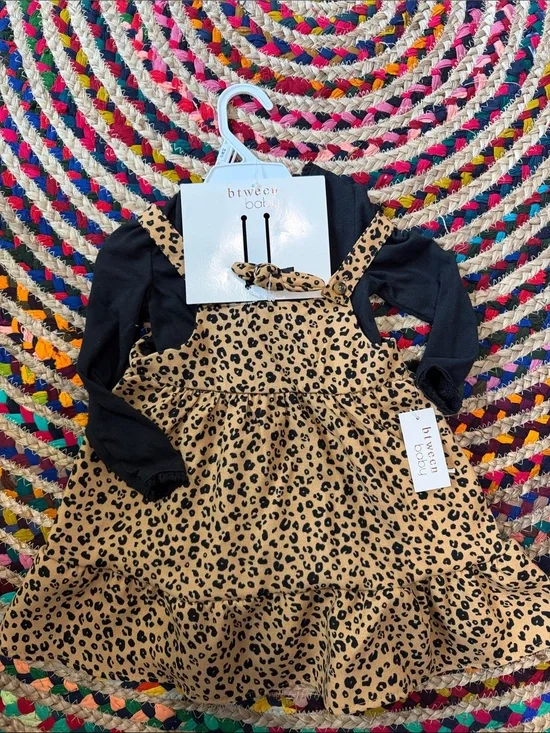 NWT Between Baby Leopard Print Ruffle Pinafore with Black Top -24M