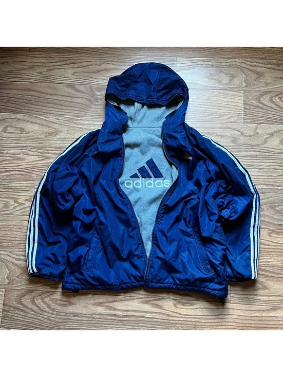 Vintage Y2K Adidas Streetwear Reversible Hoodie Jacket Blue Gray Retro Skater Gr