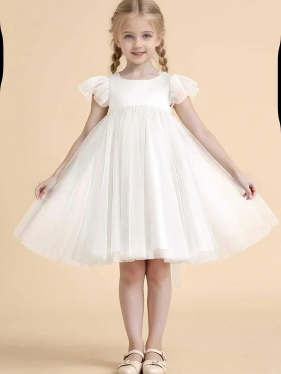 Ivory Tulle Party Dress for Girls - Puff Sleeve Formal Dress