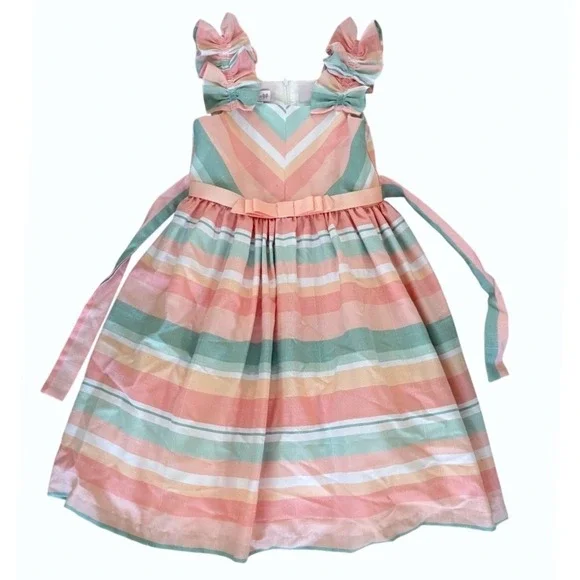 Bonnie Jean Girls Pastel Striped Ruffle Bow Party Dress Peach Mint Size 7