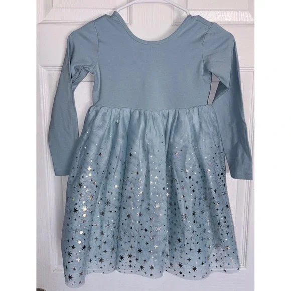 Hanna Andersson Tulle Dress 6-7 Blue Long Sleeve Star Foil Celestial Holiday