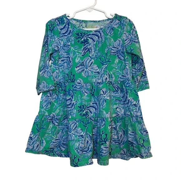 Girls Lilly Pulitzer Dress  Green Blue Floral Cotton Tiered‎ Skirt Small 4-5
