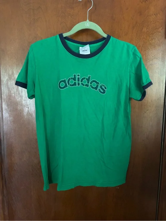 Vintage adidas Green Ringer Tee with Navy Trim size M