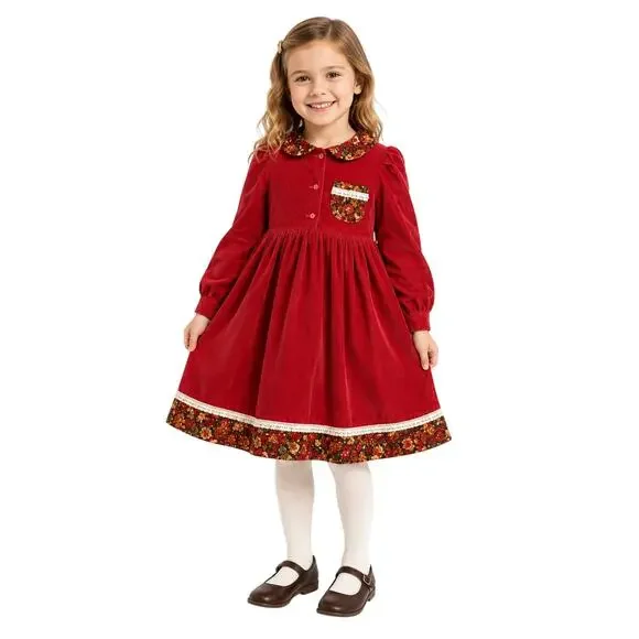 Vintage 70s Girls Corduroy Prairie Dress Red Floral Handmade Size 6 Cottagecore