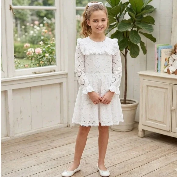 GB Girls White Eyelet Lace Dress Size 12‎ Lined Long Sleeve Cotton Ruffle Party