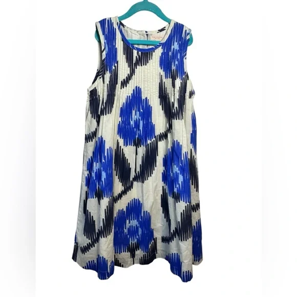 Pink‎ Chicken Jaipur in Blue Ikat Size 12 Pintuck Button Back Fall Lined Floral