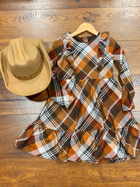 Gymboree Girl’s ‘Montana Mountain’ Brown Plaid Dress and Cowboy Hat Size 6