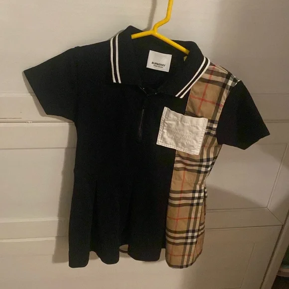 Burberry Black Polo Dress with Classic Check Panel and White Pocket