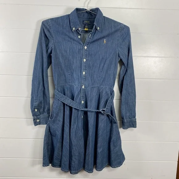 Polo Ralph Lauren Dress Girls 14 Denim Shirt Dress‎ Belted Pony Logo Long Sleeve