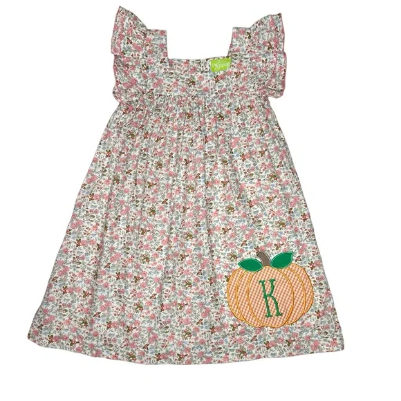 Classic Whimsy Pink Floral Pumpkin Poppy Dress- Monogrammed‎ ‘K’