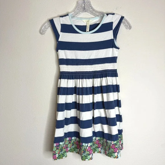 Matilda Jane Dress Girls 8 Blue White Striped Floral Smocked Cap Sleeve Nautical