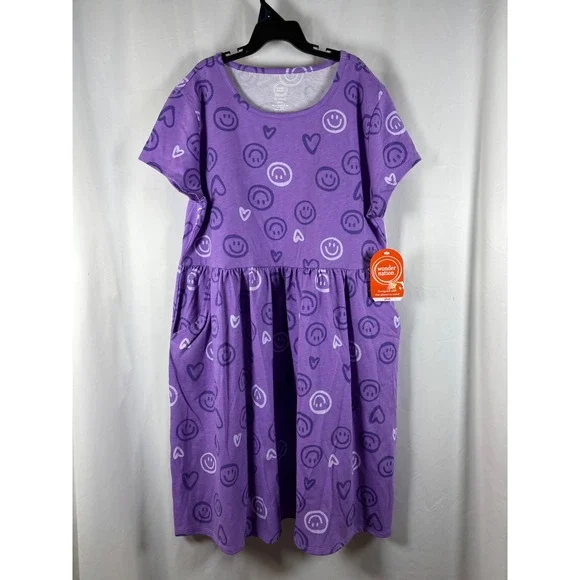 Wonder Nation Girls Plus XL 14-16 Purple Smiley Face Heart Pocket Knit Dress NEW