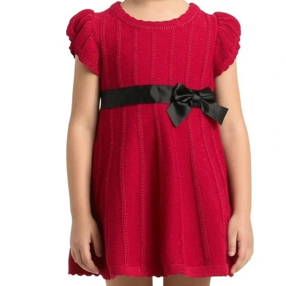 Cherokee Knit Holiday Dress Baby Girl 3-6M Red Sparkle Satin Bow Flutter Sleeve