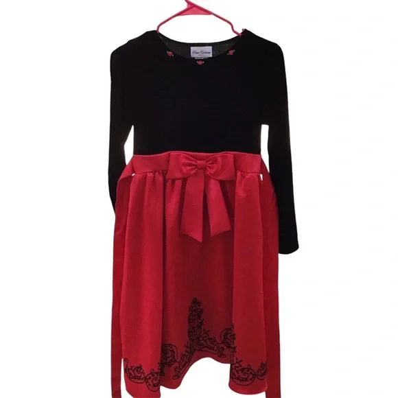 Rare Editions Black Velour Rosebud Applique Red Skirt Dressy Holiday Party Dress
