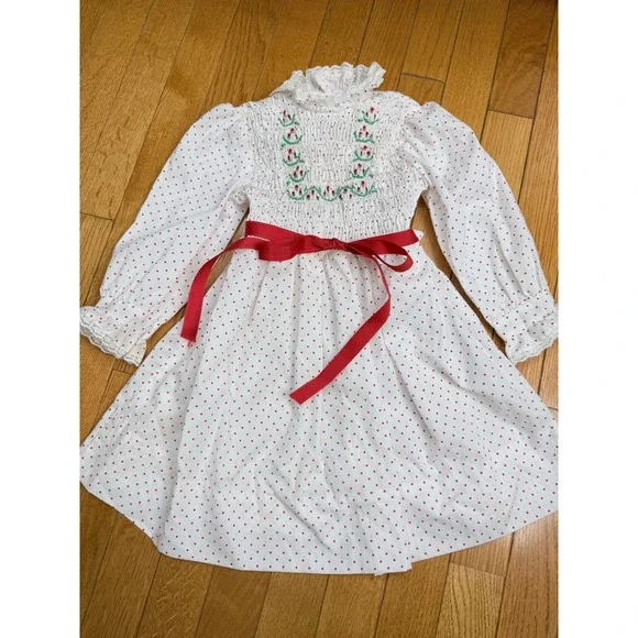 Polly Flinders‎ Vintage Girls Smocked Dress Red Polka Dot Floral Lace Size 4