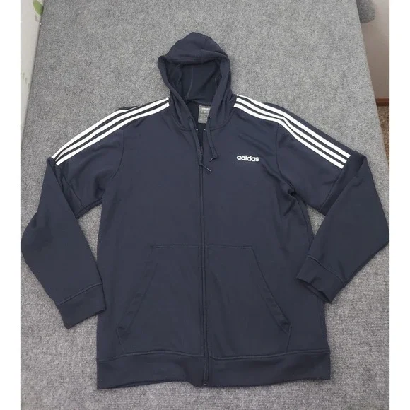 Adidas Track Jacket Mens XL Blue Full Zip Athletic Hooded Pockets Athleisure Gym