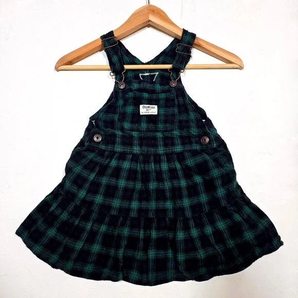 OshKosh B'gosh Plaid Jumper Dress Toddler 4T Green Black Watch Tartan Vestbak