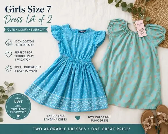 Girls Size 7 Cotton Dress Lot Lands’ End Blue Bandana Dress + NWT Polka Dot