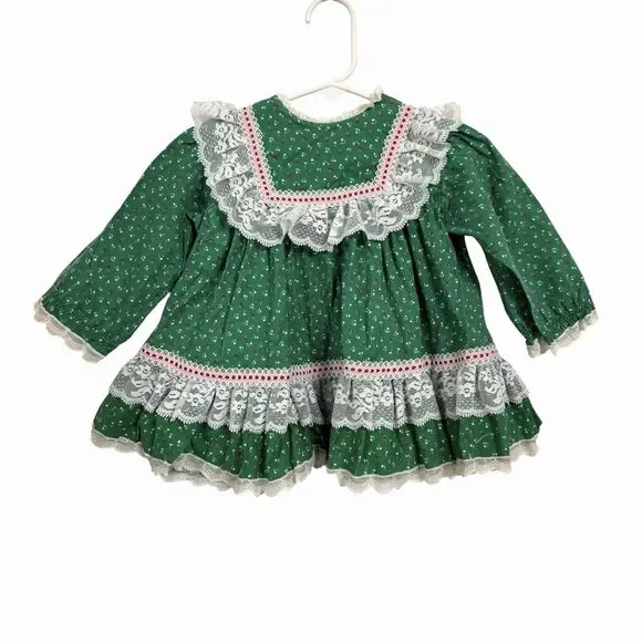 Bryan Baby Girl Sz 18 Months Green Full Circle Party Dress Lace Ruffles VTG USA