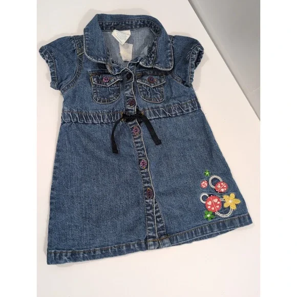 Vintage Y2K Girls Size 12 Mths Denim Blue Jumper Dress Ladybug Floral Embroidery