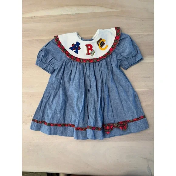 Vintage Girls Chambray Denim Dress ABC School Theme Made in USA 3T