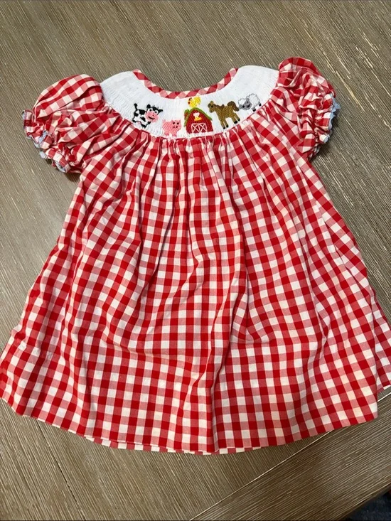 Red Gingham Smocked Farm Animal Dress for Girls