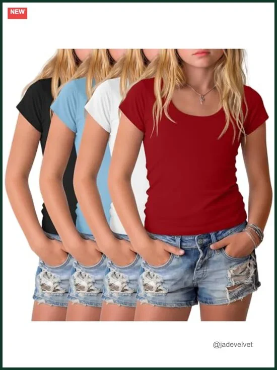 4 Pack Girls Short Cap Sleeve Tees Scoop Neck Tops
