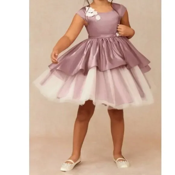 Azazie Girl's Matte Satin Tulle Dress Party Haru Ball Gown Size 8 Dusty Rose